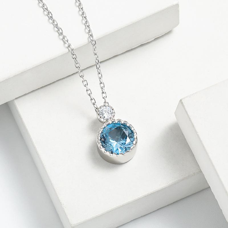 S925 Sterling Silver Aquamarine Heart Necklace & Zirconia Earrings Set - European Style Platinum Stud Earrings