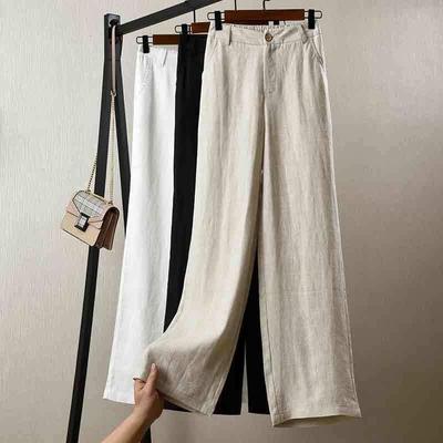 High Waist White Cotton Linen Wide Leg Pants for Women - Loose, Slimming Korean Style