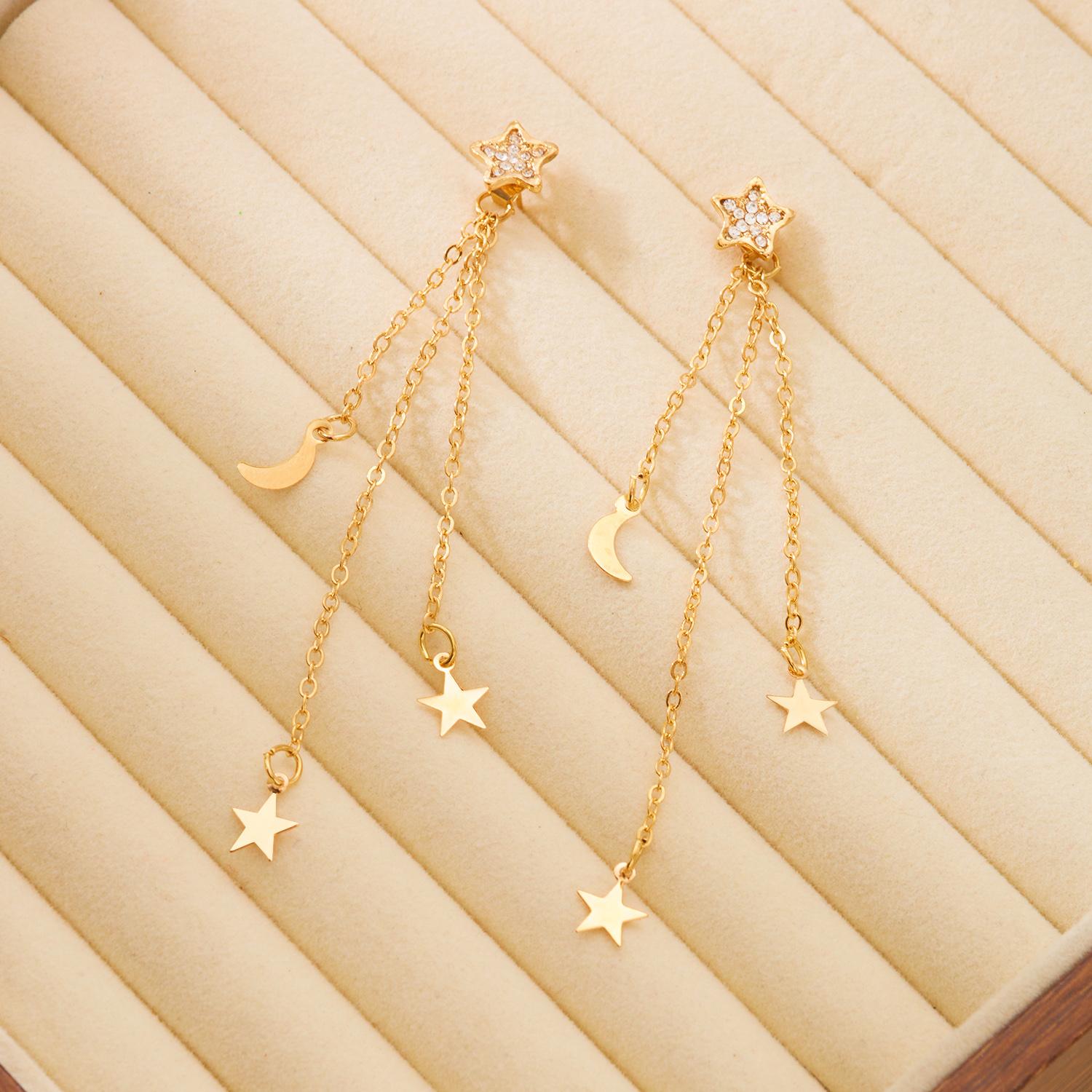 Exquisite Star Tassel Dangle Earrings for Women Fashionable Star Moon Long Chain Earrings Girls Party Daily Jewelry Accessories
