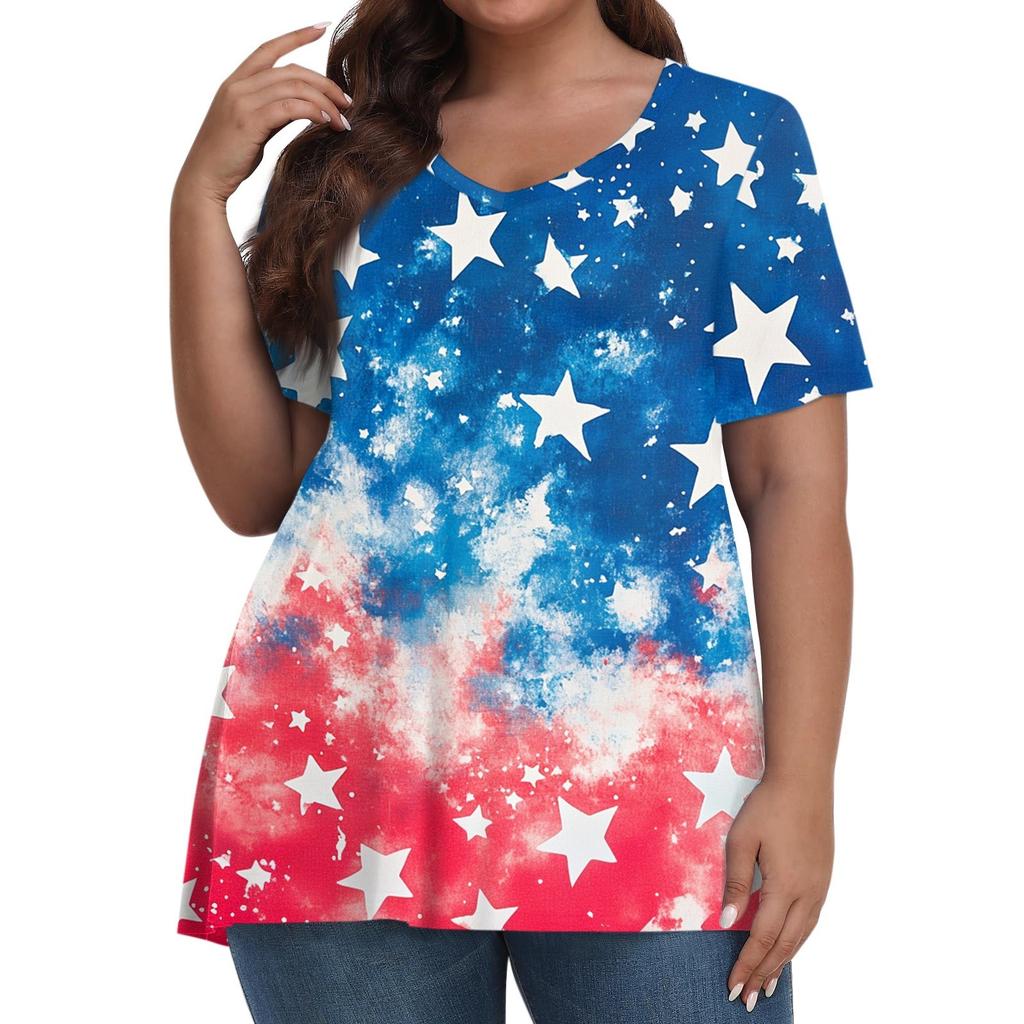 Damenmode Lässig V-Ausschnitt Pullover Kurzarm Übergröße Bedrucktes T-Shirt Top