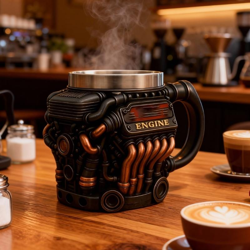 Engine Design Coffee Mug Detailed Stainless Steels Lining Mechanical Cup Hot and Cold Drink Container for Car Enthusiasts