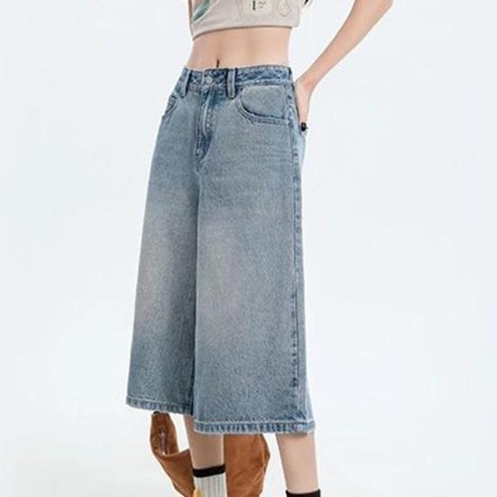Yousheng Cropped Jeans for Women Wide Leg High Waisted Denim Pants Summer Casual Short Baggy Jeans with Pockets