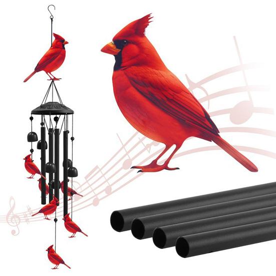 Red Bird Wind Chime with 4 Tubes Weather-resistant Vintage Indoor Outdoor Garden Yard Patio Hanging Metal Wind Bell Decoration