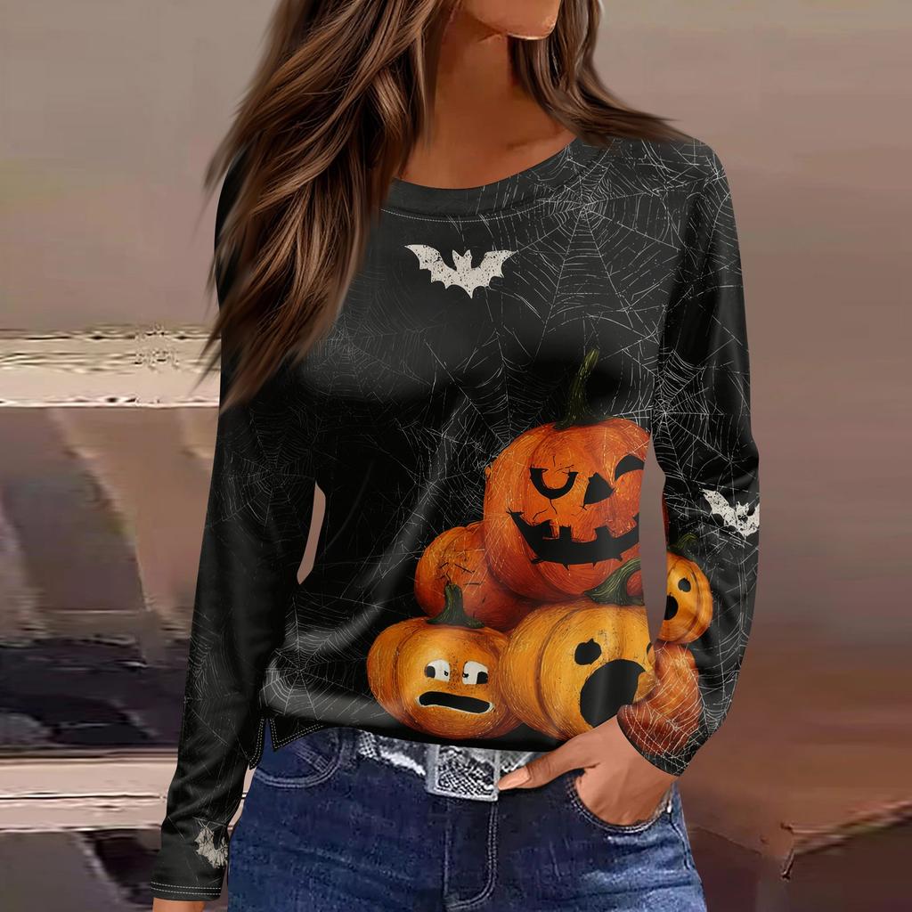 Women's Long Sleeve Halloween T-Shirt with Side Slits Neck Blouse