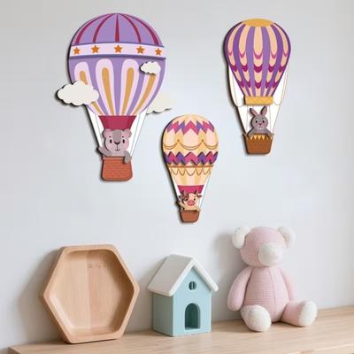3 Pezzi Decorazione Murale Mongolfiera Coniglio Carino e Palloncino Arte in Legno per Asilo Stanza dei Bambini Soggiorno Ornamento Sospeso Fantasioso Accento Rustico per la Casa