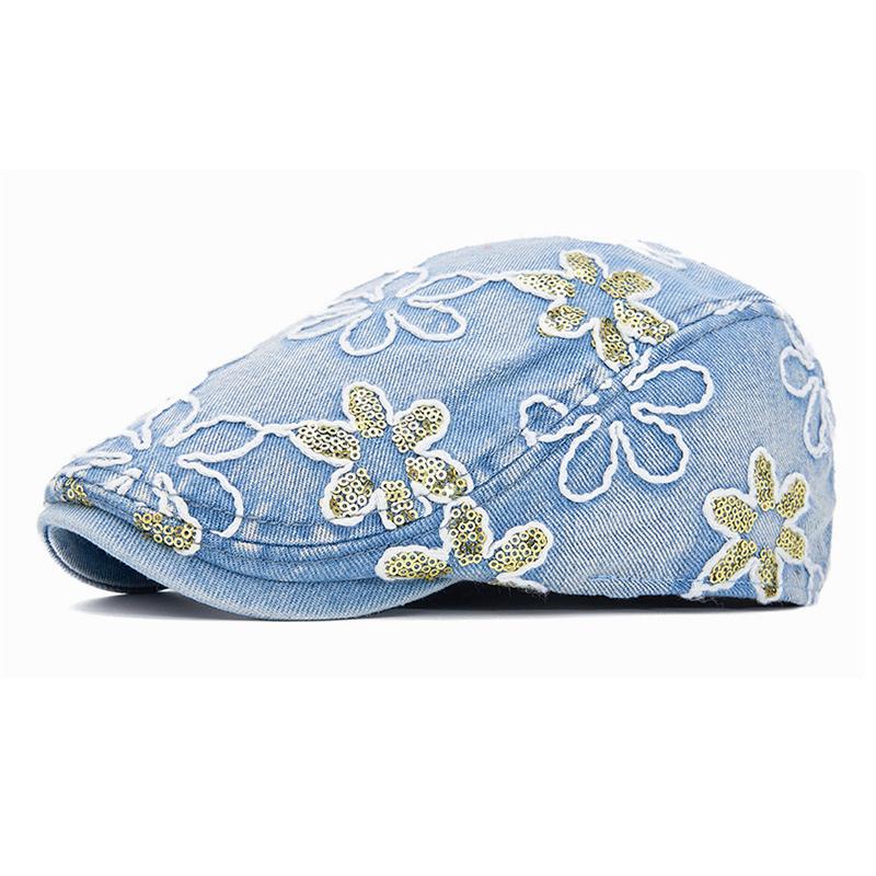 Spring Summer Newsboy Hat Women Sequins Embroidered Flower Beret Denim Retro Progressive Hat