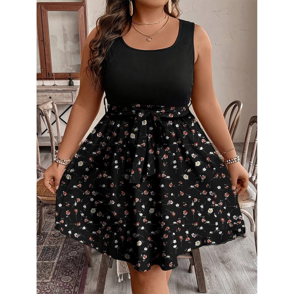 Plus Size Sleeveless Dress Casual Waist Tie Floral Print Patchwork Summer Dress for Women Fashion Trendy Comfortable Fit