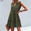 DX~~2023 Summer Europe and America V-neck Sexy Solid Color Dress Irregular Splice Sleeveless Commuter Big Swing Dress Women