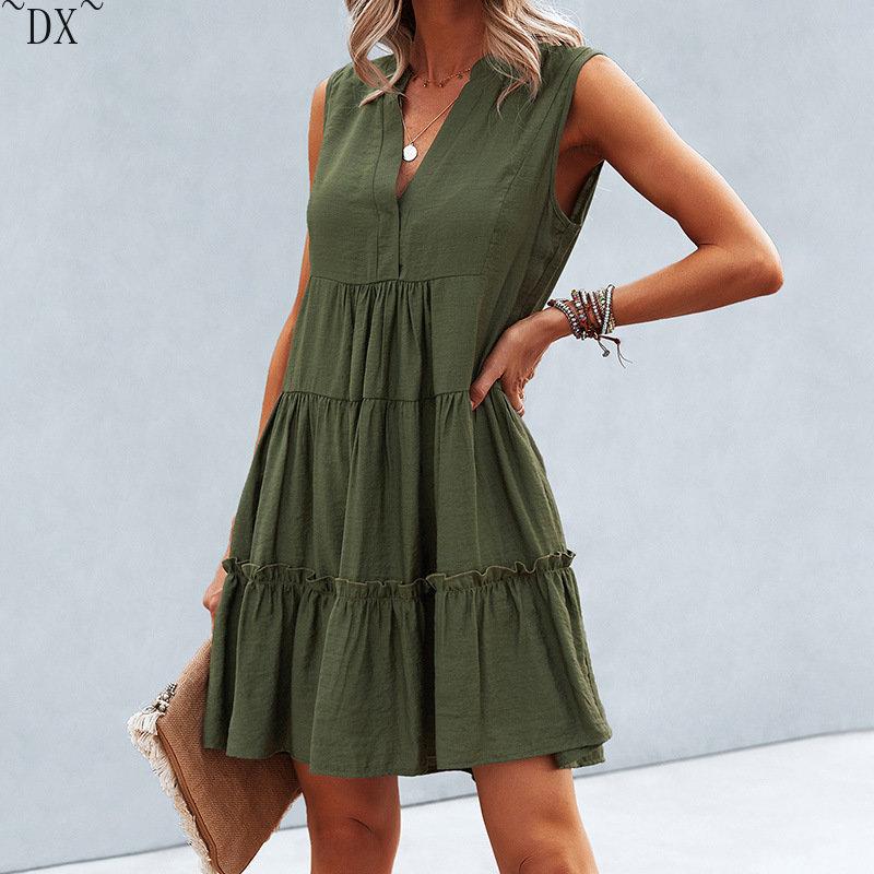 DX~~2023 Summer Europe and America V-neck Sexy Solid Color Dress Irregular Splice Sleeveless Commuter Big Swing Dress Women