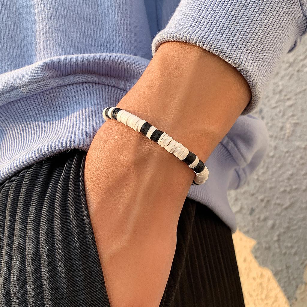 Bohemian Style Versatile Black and White Patchwork Soft Clay Bracelet Simple Geometric Men's Bracelet