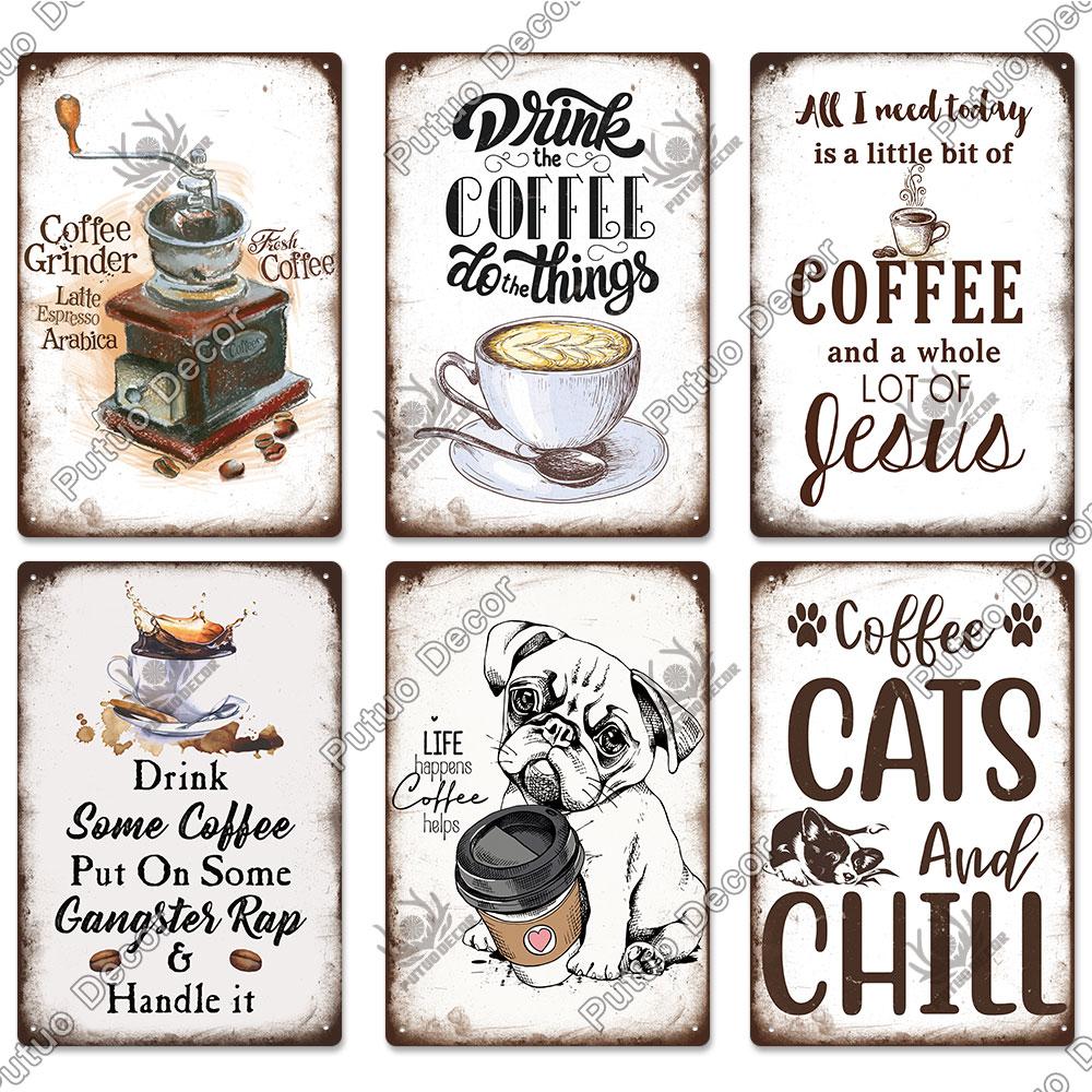 Putuo Decor Coffee Vintage Tin Metal Sign Decorative Plaque Retro Plate Cafe Kitchen Man Cave Coffee Bar Club Wall Decoration