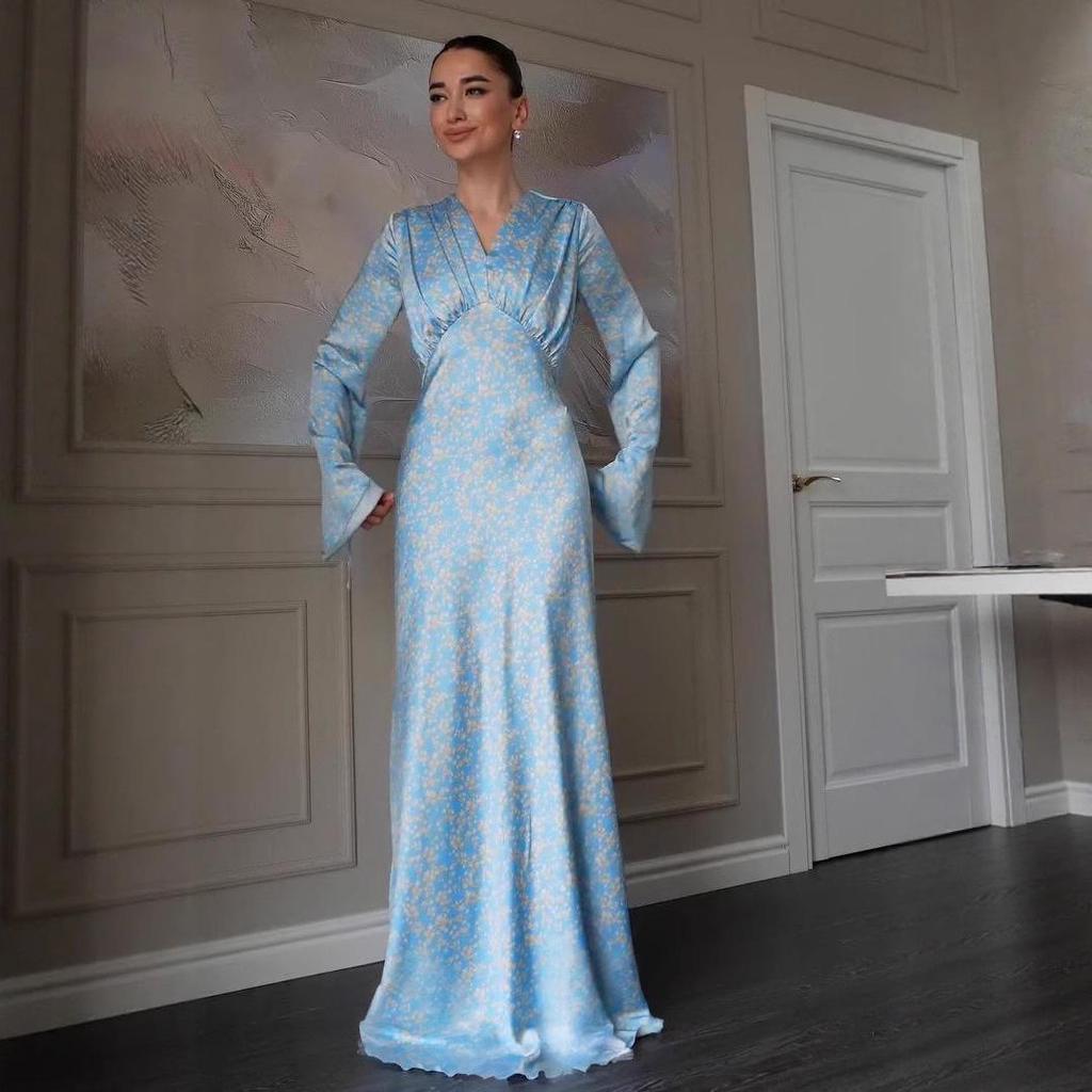 2025 Frühling V-Ausschnitt Blumenmuster Taillenbetonendes Langes Kleid für Damen