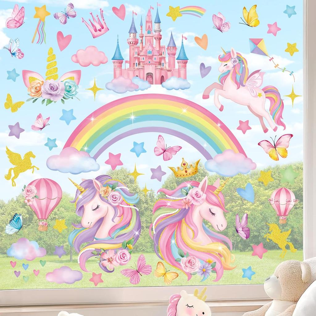 Decalmile Rainbow Unicorn Window Clings Castle Hot Air Balloon Butterfly Clouds Window Decals Girls Bedroom Baby Nursery Kids Room Window Stickers