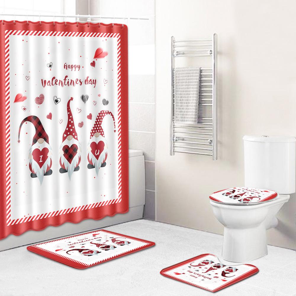 Valentine'S Day Toilet Shower Curtain Four-Piece Printed Floor Mat Set Bathroom Floor Mat Bedroom Absorbent Door Mat Carpet