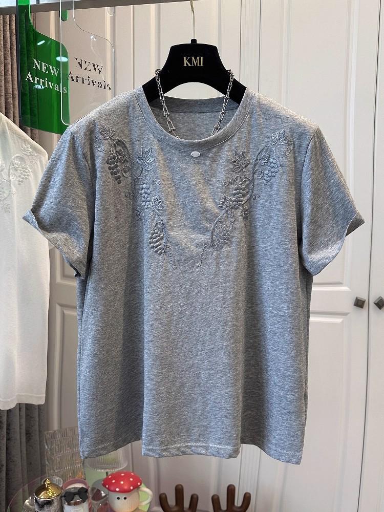 Pure Cotton Embroidered Plus Size Round Neck Short Sleeve T-Shirt for Women, Loose and Fashionable Summer Top