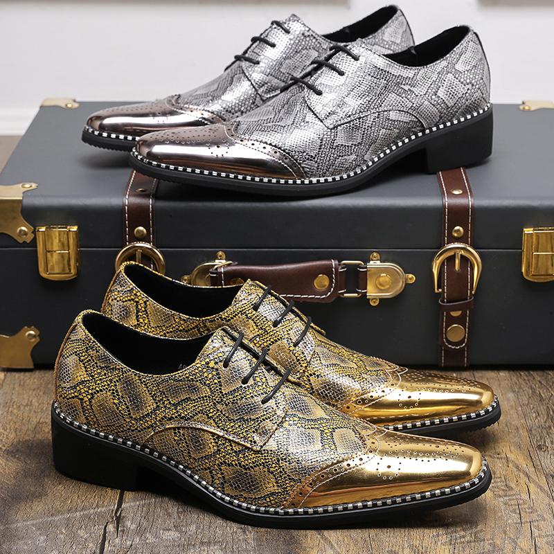 Fashion Fashionable Block Shoes Men Pointed Silver Gold Flower Lace Up Business Classic Printed Formal Shoes Luxury Men Shoes Size 38-46