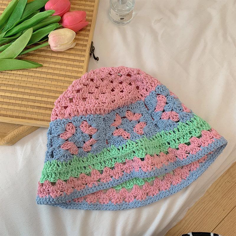 

Japanese-style knitted hollow floral bucket hat for women, sweet and versatile for spring and summer, handmade large head circumference fisherman hat M（56-58cm）