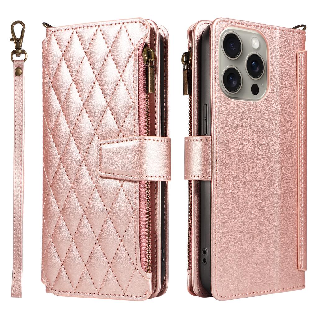 For iPhone 16 Pro Leather Case with Card Holder,RFID Blocking Wallet Phone Cover Rhombus Pattern