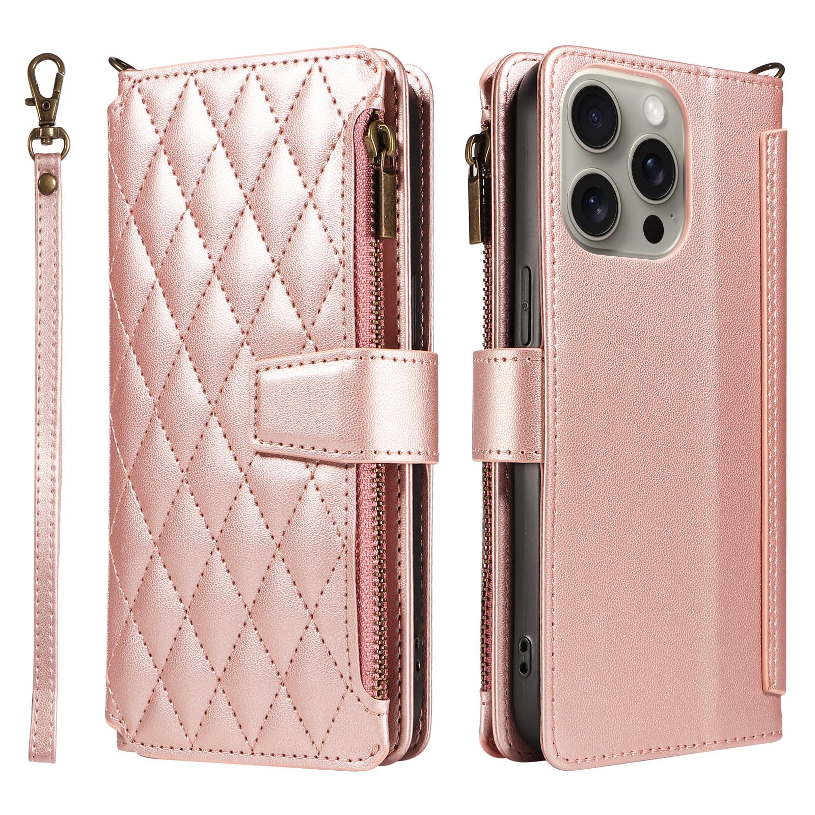 

For iPhone 14 Pro Max Leather Case with Card Holder,RFID Blocking Wallet Phone Cover Rhombus Pattern Rose Gold