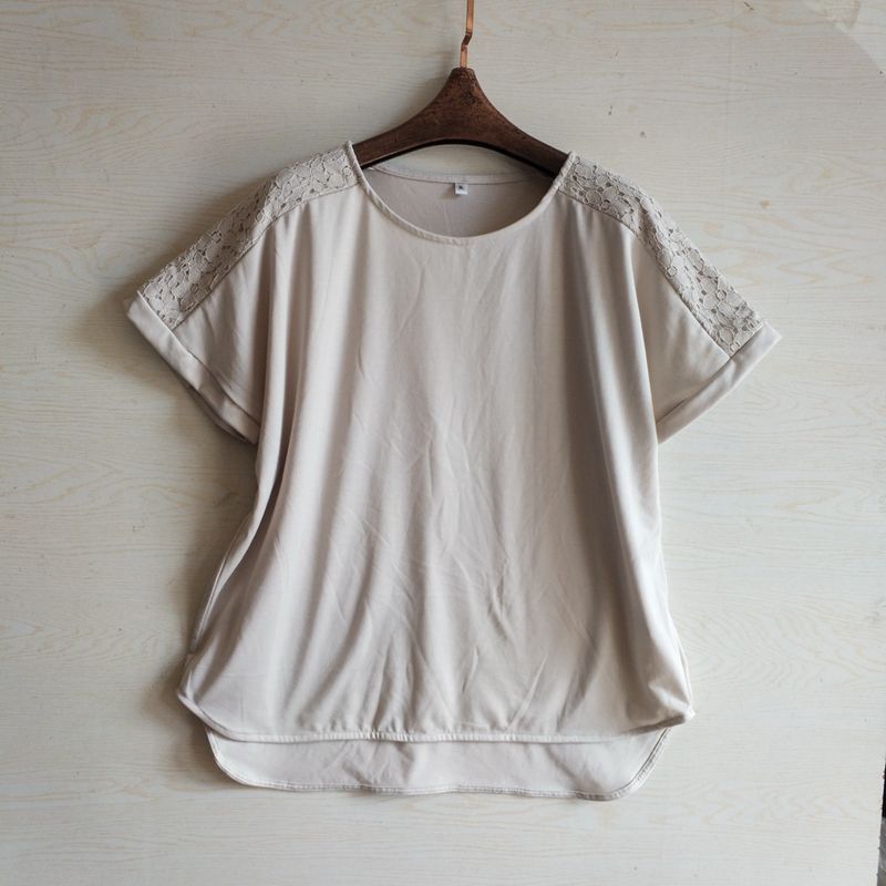 

Original Export Japanese Style Tail Short Sleeve T-shirt Women s Drop Shoulder Lace Sleeve plus and Extra Size Casual Loose All-Matching Top Beige M(79-87cm Bust size)