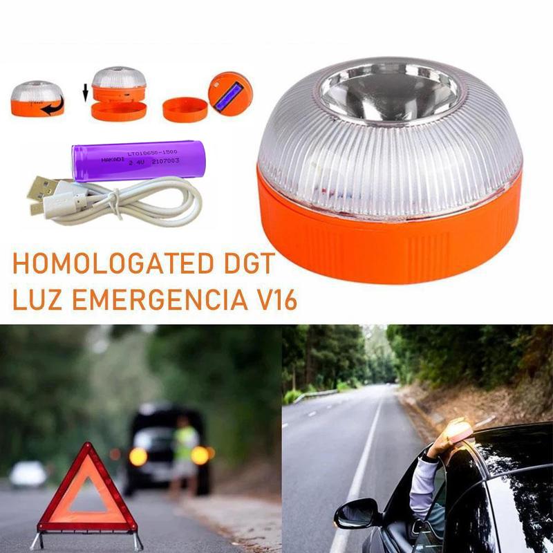 Boxed Spanish V16 Car Warning Light LED White Rechargeable Emergency Light Battery Charging Yellow Flash Flashing Traffic Light