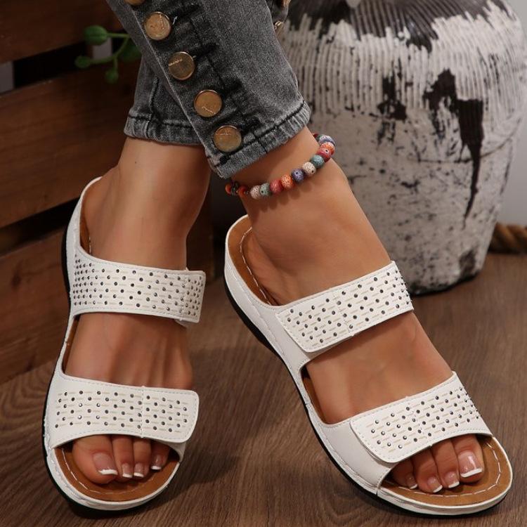 Damen Casual Keilabsatz Hausschuhe Bequeme Dicksohlige Offene Zehen Kontrastierende Hausschuhe Strahlend Diamantenbesetzte Damenschuhe