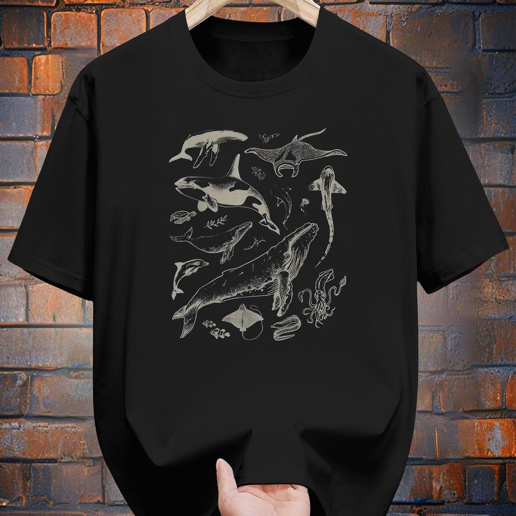 Cotton Print Short Sleeve T-Shirt Whale Shark Design Casual Summer Tee for Adults Round Neck Clothing