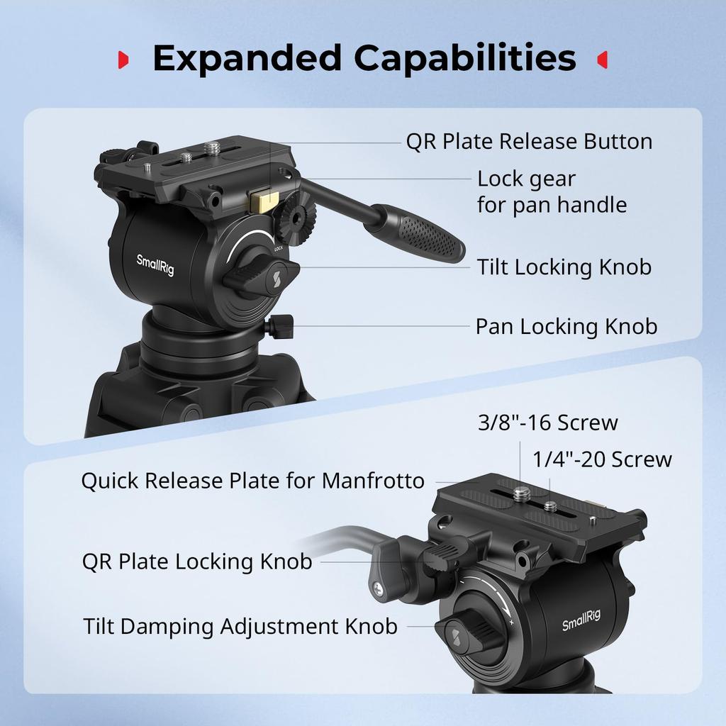 SmallRig AD14 Carbon Fiber Video Max Fluid Head with To Tilt Compact Travel Folded Product 5441 Heavy-Duty Tripod, 185cm, 22.5lbs (10kg) Load, +85°