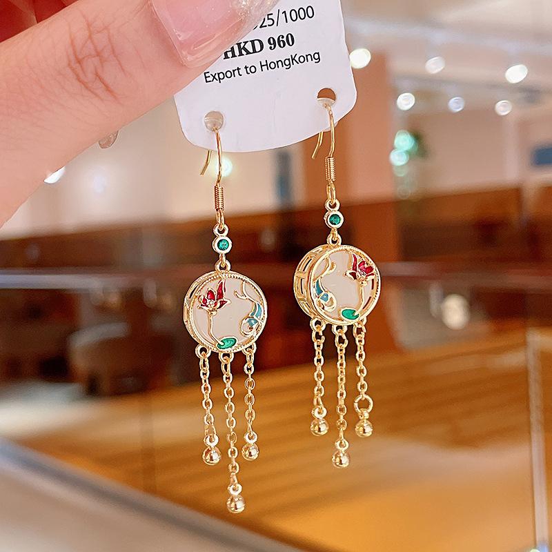 Ethnic style flower fringed earrings niche and versatile Chinese style earrings temperament light luxury high-end earrings women