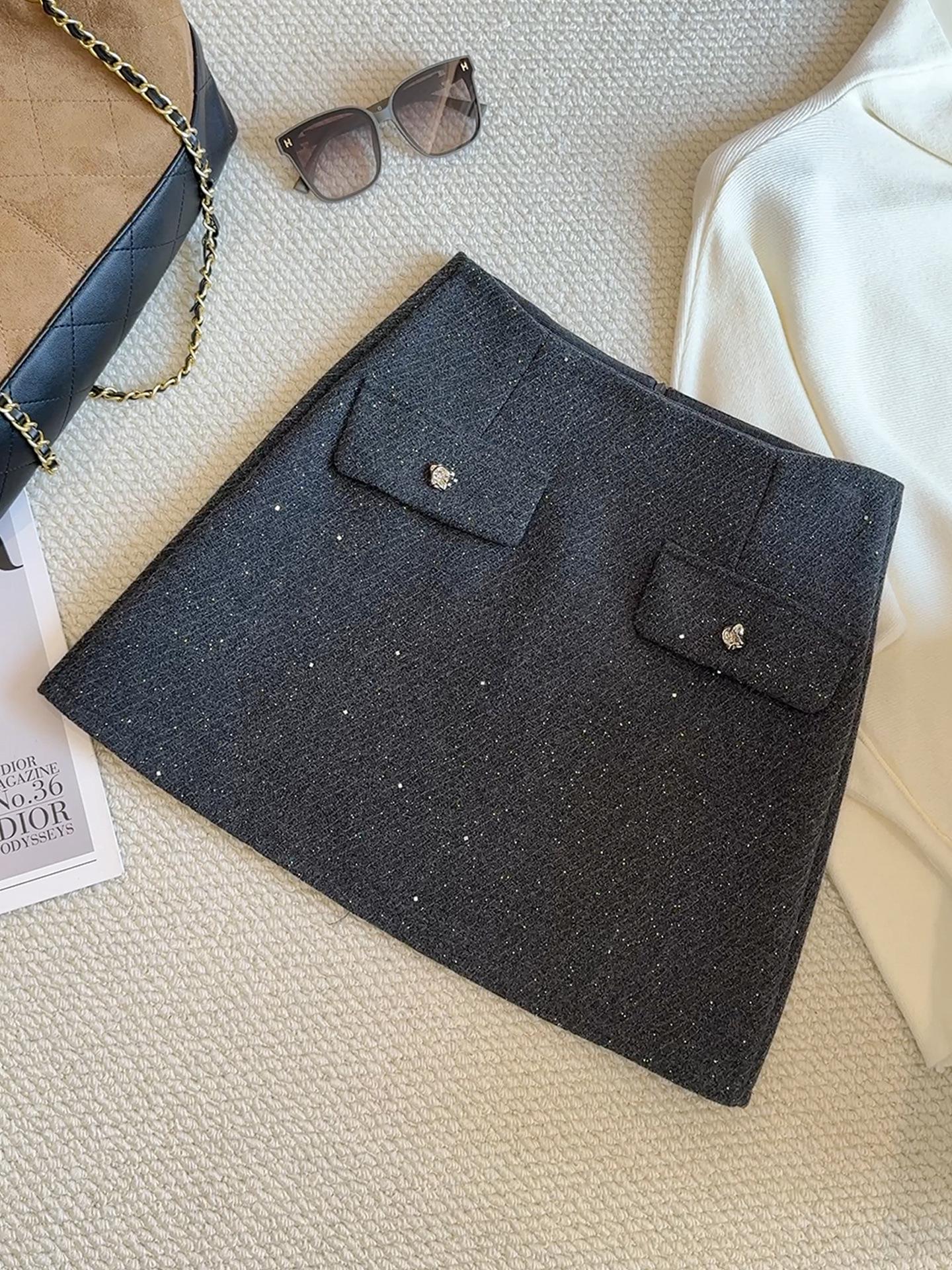 Korean Sparkly Wool Blend High Waist A-line Mini Skirt for Women - Autumn/Winter 2025 Large серый