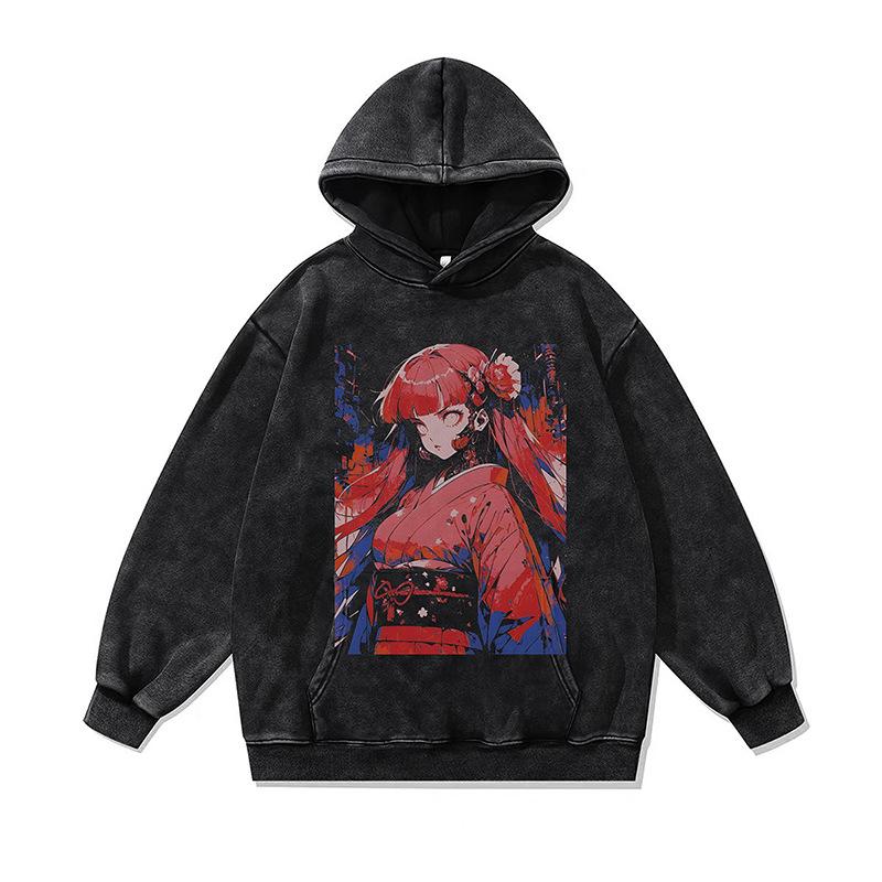 American Retro Cartoon Direct Injection Printing Hoodie Men And Women Autumn And Winter Oversize Washed Hooded Sweater