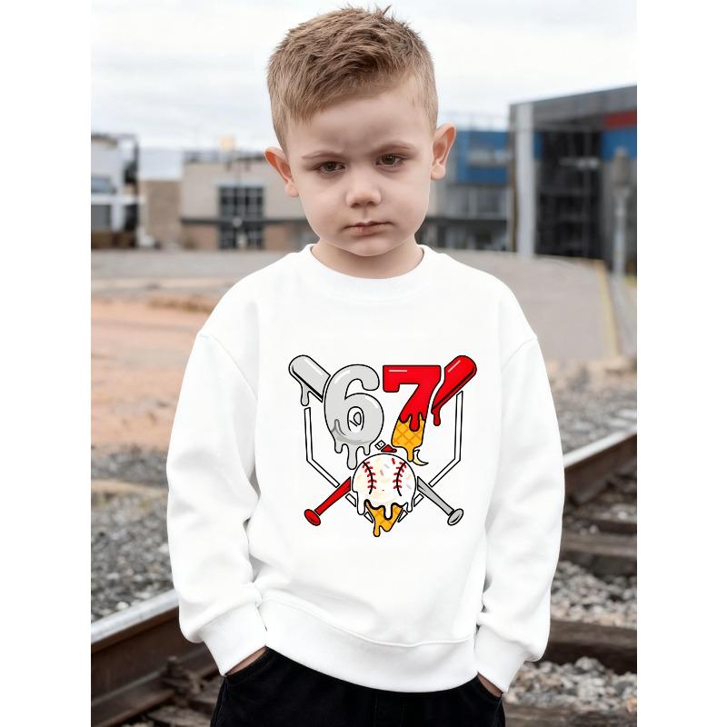 Kids Melting Ice Cream Baseball Number 67 Print Sweatshirt Unisex Boys Girls Sport Bat Shield Crewneck Long Sleeve Pullover Black Casual Children