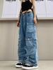 Blauw Gewassen Jeans Cargobroek met Meerdere Zakken Y2k Retro Streetwear Mode Hoge Taille Jeans Koppel Harajuku Casual Wijde Pijpen