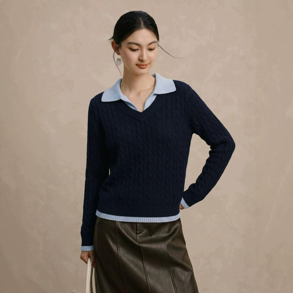Retro Cable Knit Wool Two-Piece Color Block Lapel Sweater - Women's College Style Slimming Top