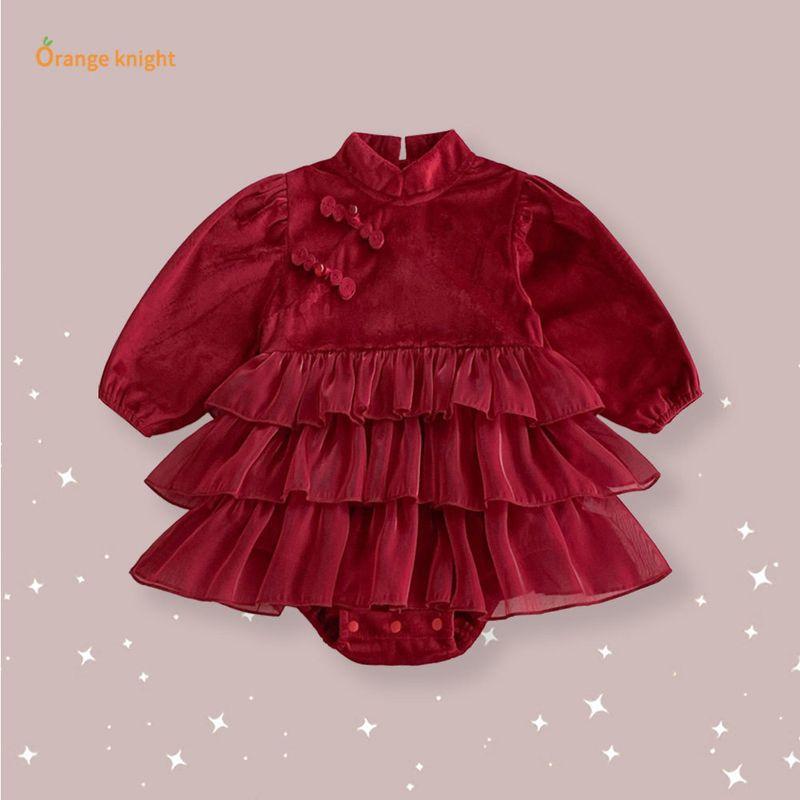

New Chinese-Style Autumn Outfit for Baby Girls, Full Moon Party Dress, Long-Sleeve Romper, Thin Newborn One-Piece Crawling Suit New Chinese Style Tulle Dress 80 cm
