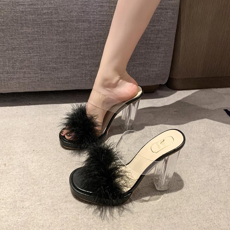 Slippers Women's Summer New Open Toe Plush Fox Fur Chunky with Flip Flops Sexy Home Banquet Square Toe Simple Pumps