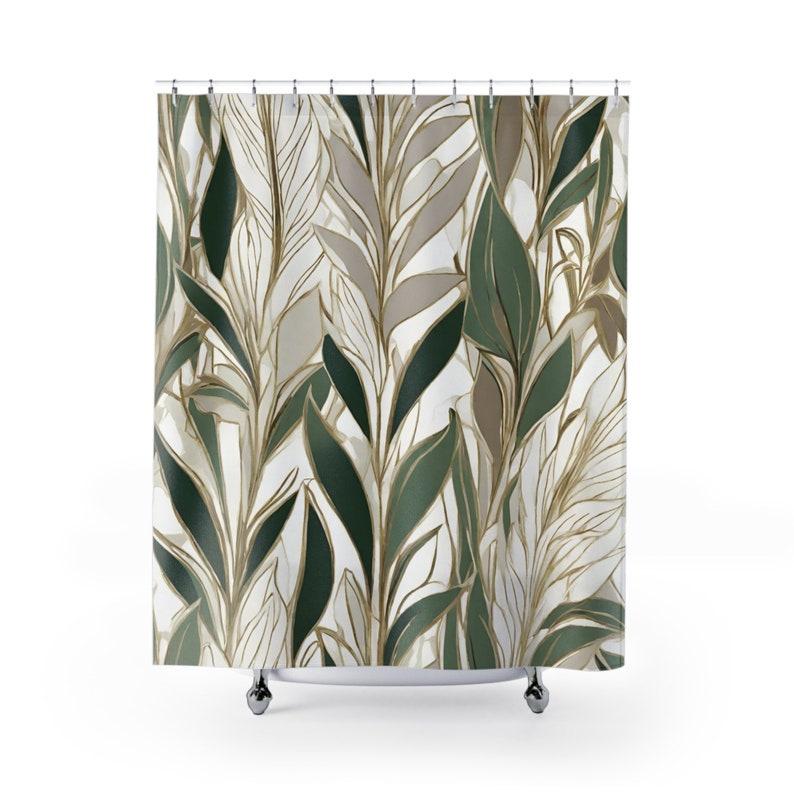 

Boho Sage Green Shower Curtain - Beige & Grey Leaves Design, Farmhouse Coastal Bathroom Decor, Minimalist Fabric W90xH180cm