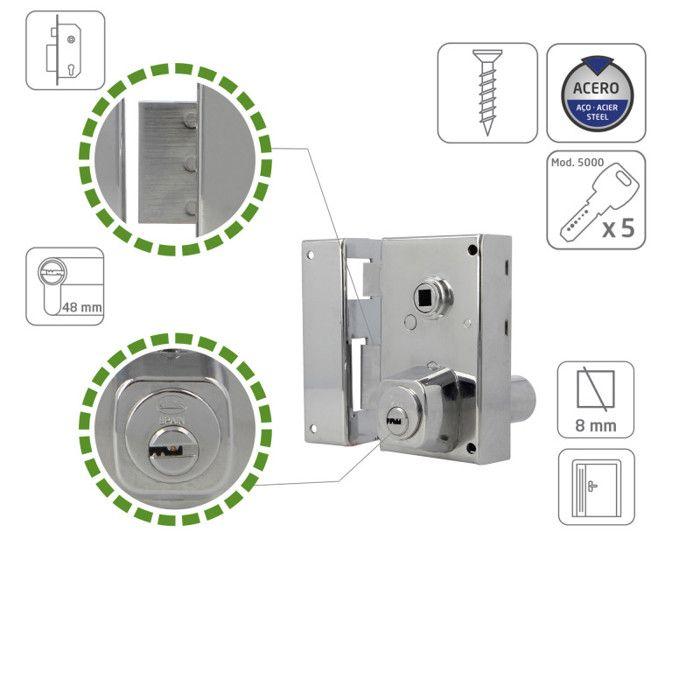 Serrure en applique - AMIG 75N - Acier - Chromé brillant - Gauche