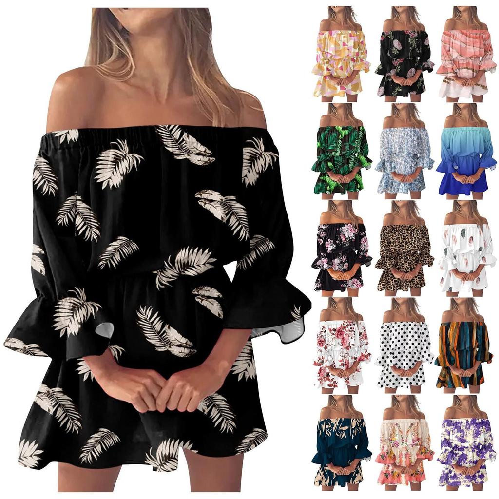 Ladies Casual Sexy One Shoulder Mid Waist Printed Ruffle Sleeve  A-Line Dress