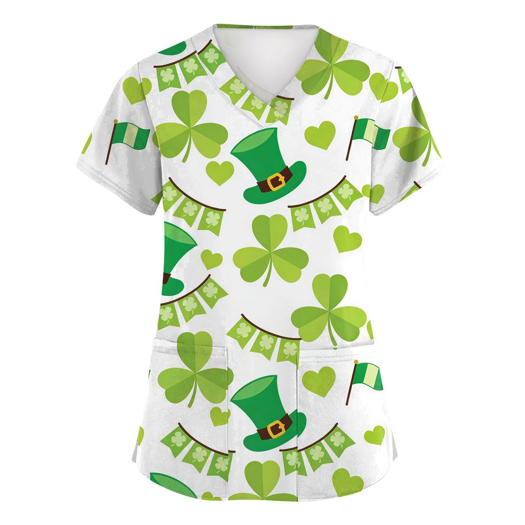 Women's Fashion Short-Sleeve Sleeve St. Patrick's Day Print V-Neck Pocket Workwear Top