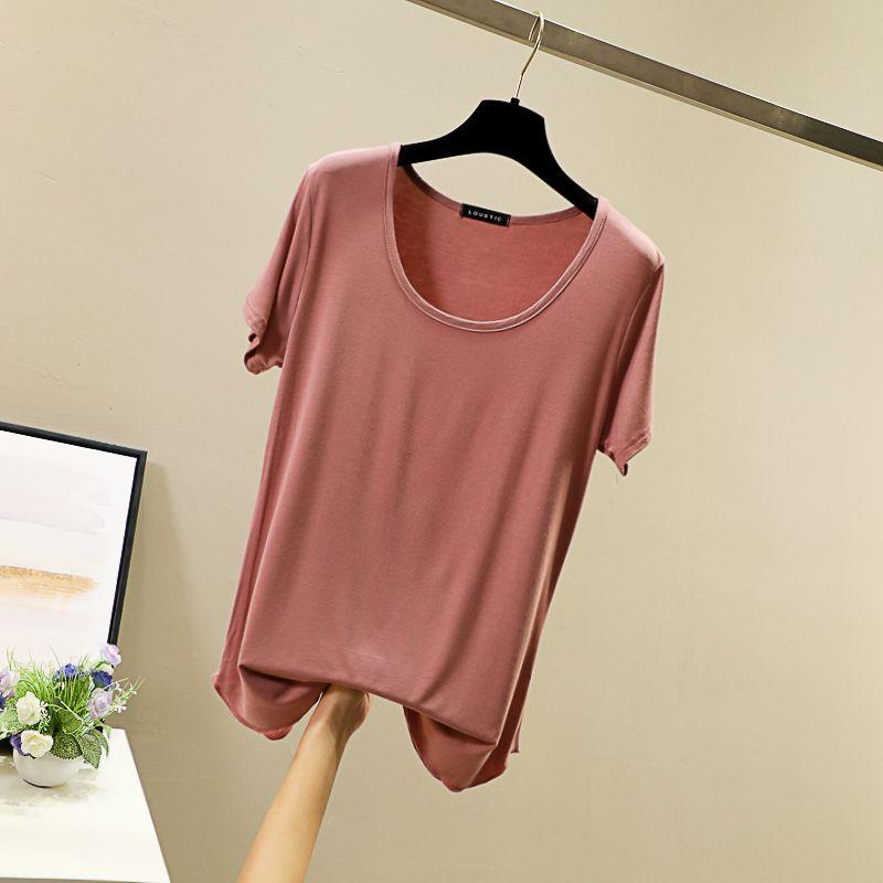 

Модальная футболка с круглым вырезом и коротким рукавом женская летняя белая облегающая базовая футболка больших размеров повседневная однотонная с рукавом до локтя Leather pink M (recommended 40.00 kg-50.00 kg