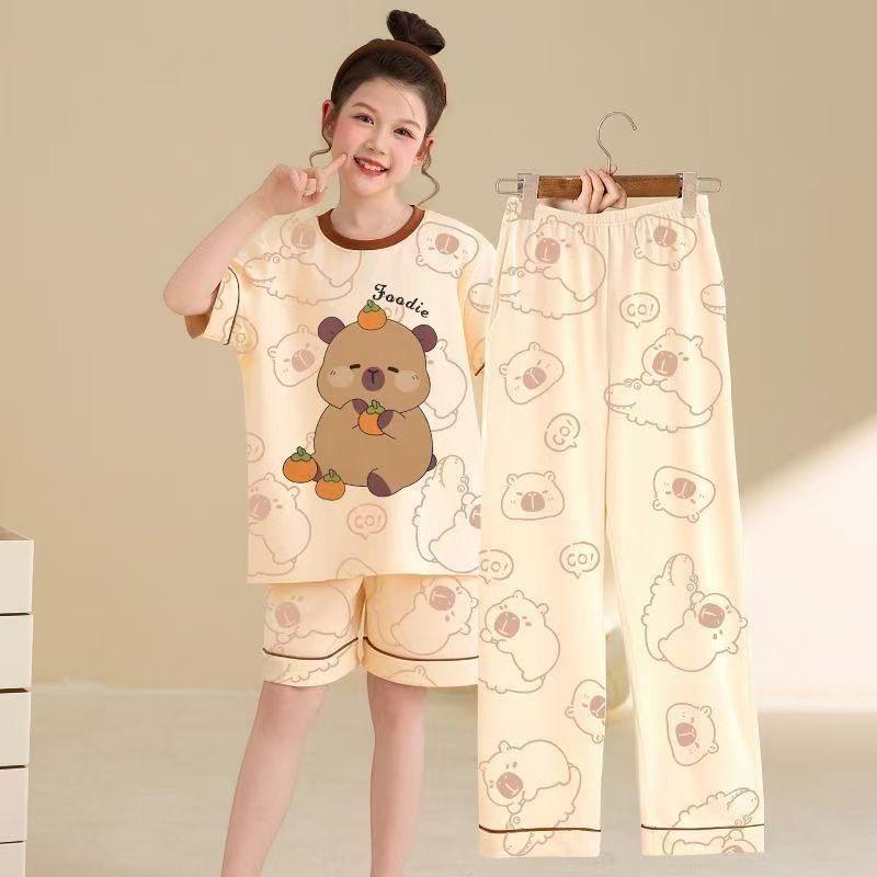 Summer Three-Piece Cartoon Pajama Set for Girls - Short Sleeve & Long Pants, Comfortable Home Wear for Kids