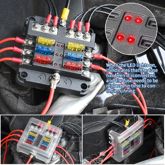 6 Way 12V Fuse Box Blade with LED Indicator Damp-Proof Cover - Individual Positive Fuse Holder with Ground Bus Holder for 12V/24V Vehicle Car Boat