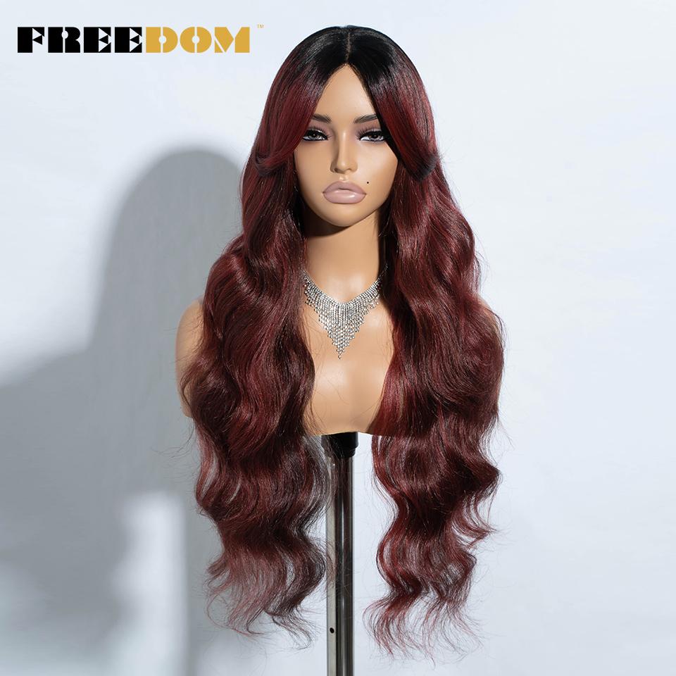 

FREEDOM Synthetic Lace Wigs For Black Women 28inch Long Body Wave Middle Part Lace Wig With Bangs Ombre Blonde Brown Cosplay Wig (as the picture,28inches&Lace Topline)
