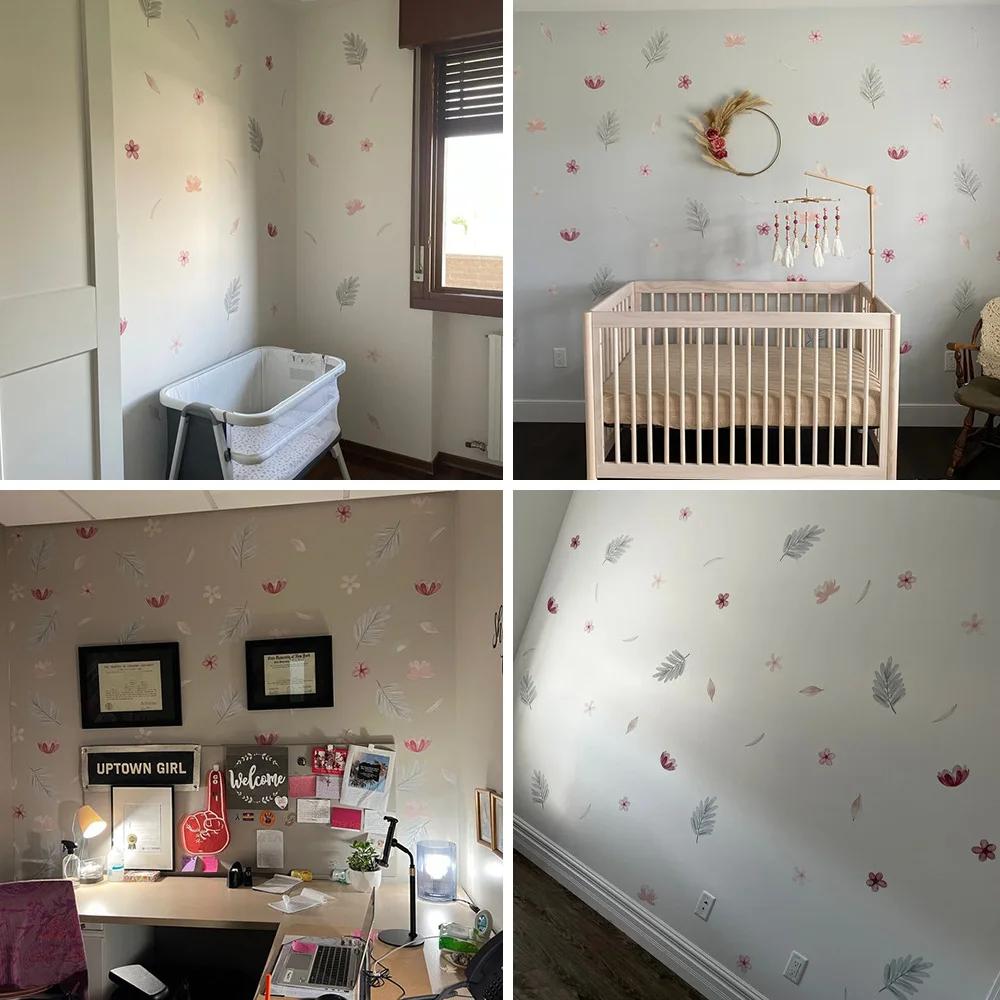 Boho Pink Floral Botanical Wall Stickers Decoration for Kids Room Living Room Interior House Decor Vinyl Wall Decals Art Mural