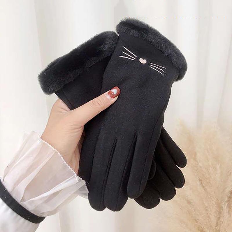 Autumn Winter Warm Suede Gloves Plus Velvet Thickened Plush Decor Cuff Gloves Outdoor Coldproof Touchscreen Riding Ski Gloves