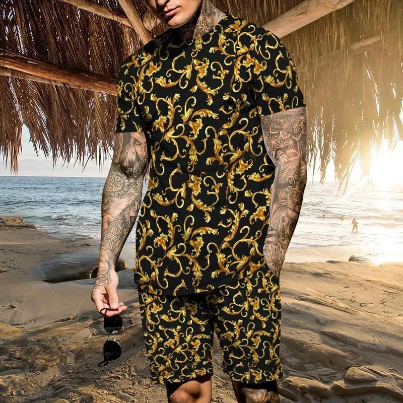 Summer Men's T-Shirt Set Gold Pattern 3D Print T-shirt Shorts 2-piece Set Elegant Casual Clothes Street Baroque T-shirt top