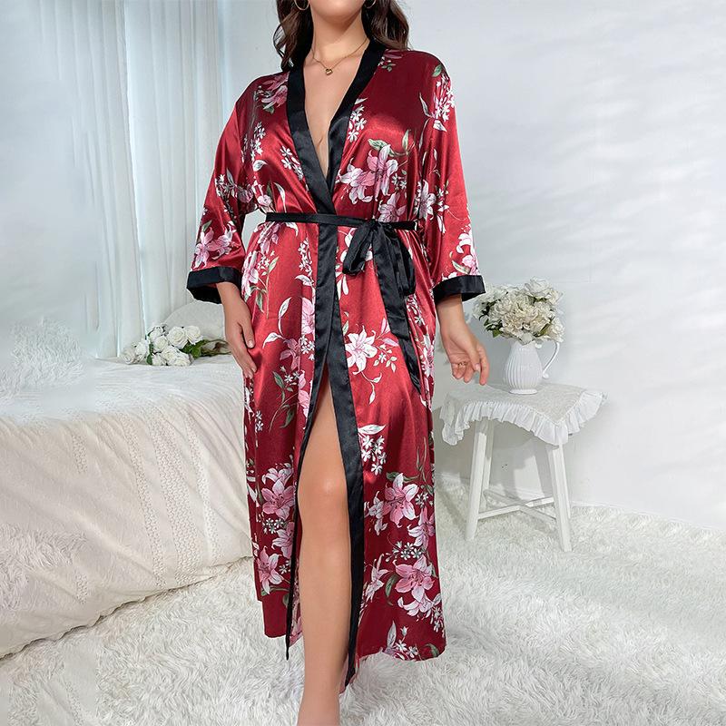Fat and Plus Size Sleepwear for Women and Casual, Loose Printed Sleepwear for Women, Long Imitation Silk Sexy Nightgown
