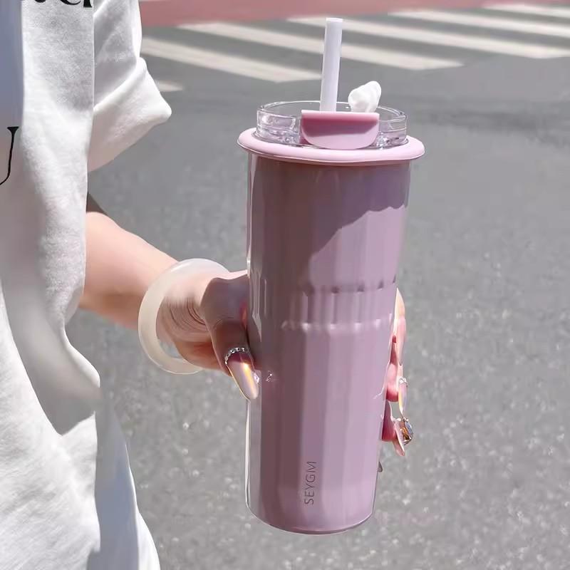 SEYGM 500ML 304 Paslanmaz Çelik Termos Bardak Pipetli Çift İçecek Yalıtımlı Soğuk Sıcak Kahve Kupası Araba Meyve Suyu Çay Su Bardağı
