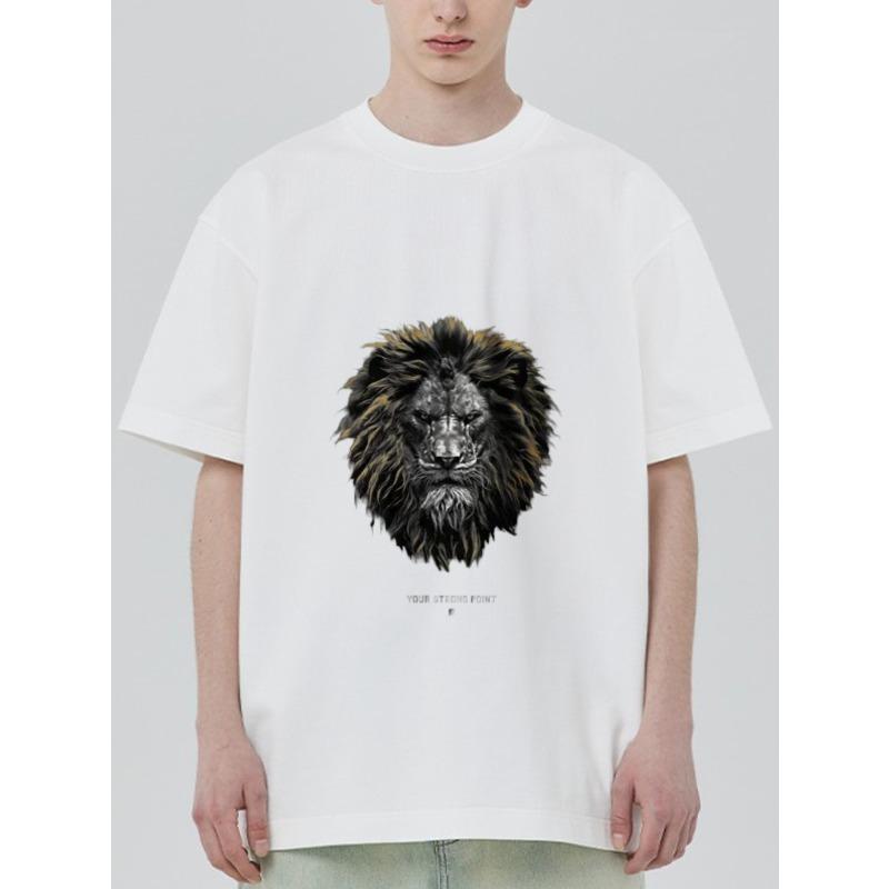 Men's Loose Fit T-Shirt White Lion Head Graphic Print Your Strong Point Text Casual Streetwear Top for Everyday Wear